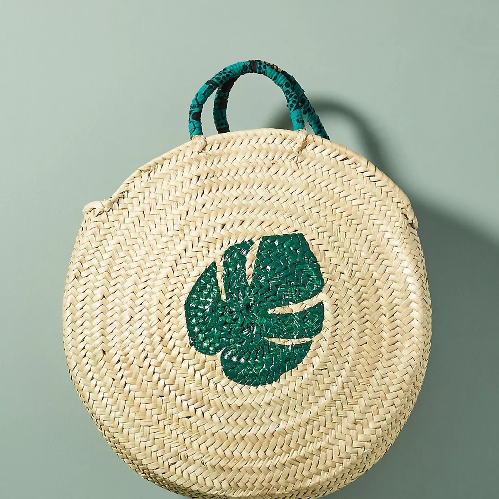 NWT Anthropologie Maud Fourier Palm Leaf Round Tote